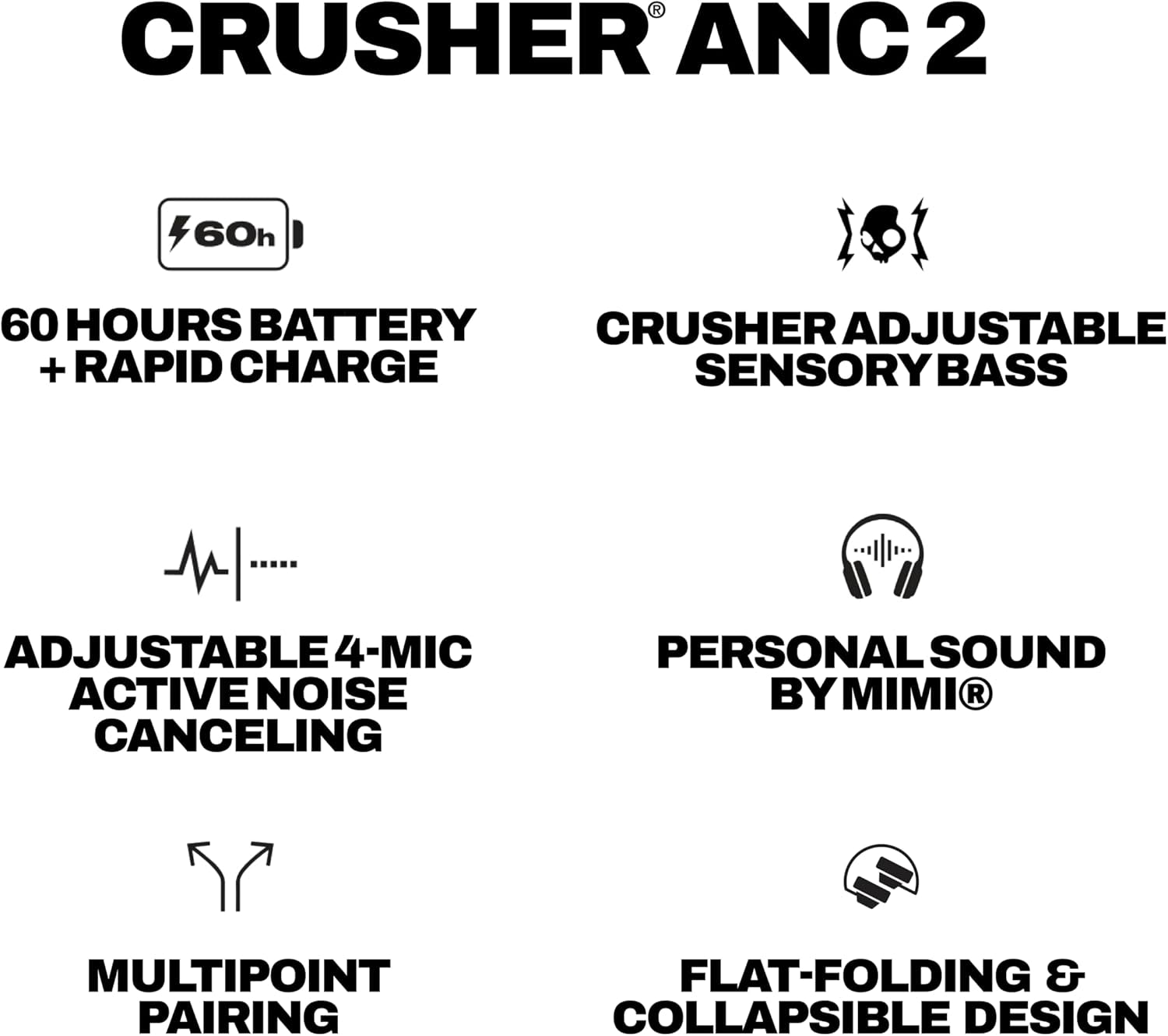 Crusher ANC 2 Wireless Over-Ear Bluetooth Headphones with Extra USB-C Charging Cable, Multi-Sensory Bass, Active Noise Cancelling, 60 Hours Battery, Microphone Iphone Android - Bone