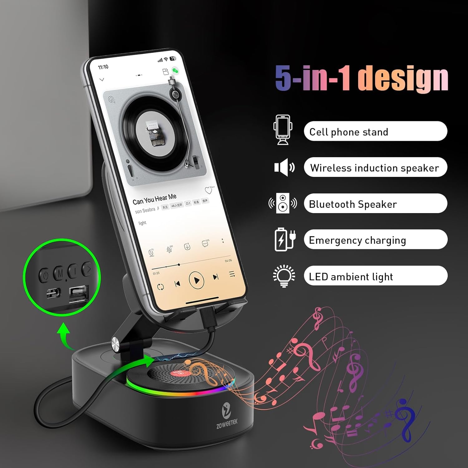 5In1 Wireless Induction Audio Bluetooth Speaker with Phone Stand,Work Time 8H+,Colorful Ambient Light,Emergency Rechargeable,270° Foldable Suitable for Iphone Android Phone Tablet,A Nice Gift
