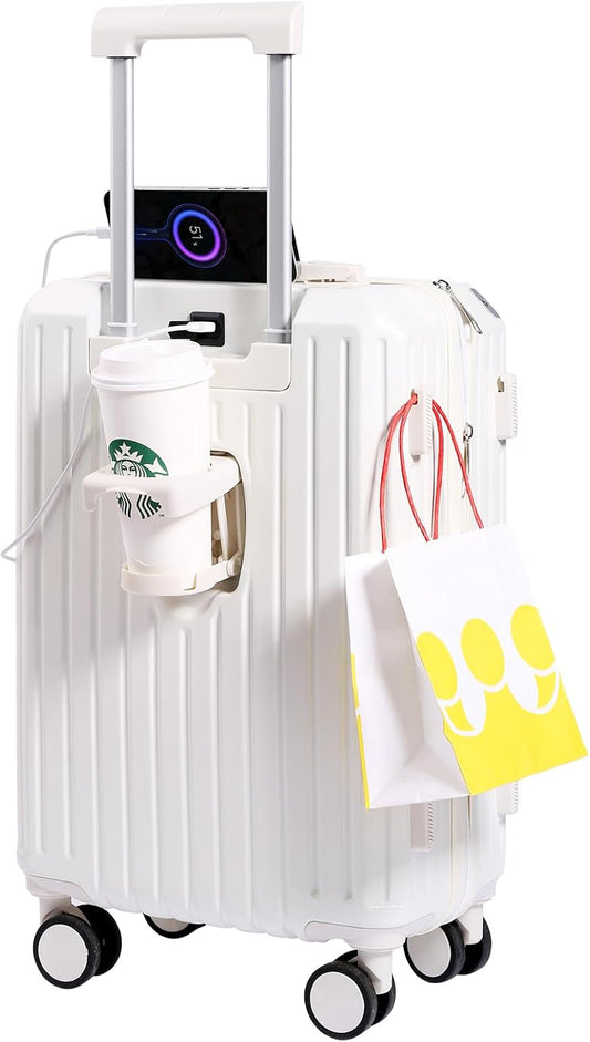 Carry-On Luggage with Cup Holder & USB Charging Port, Hard Side Luggage with Spinner Wheels, Lightweight Luggage for Travel, Business (White, Carry-On 20-Inch)