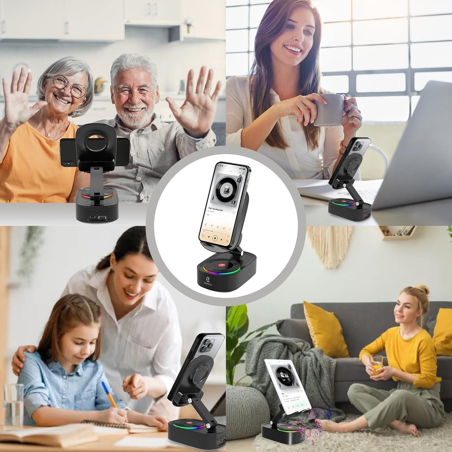 5In1 Wireless Induction Audio Bluetooth Speaker with Phone Stand,Work Time 8H+,Colorful Ambient Light,Emergency Rechargeable,270° Foldable Suitable for Iphone Android Phone Tablet,A Nice Gift