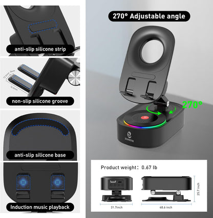 5In1 Wireless Induction Audio Bluetooth Speaker with Phone Stand,Work Time 8H+,Colorful Ambient Light,Emergency Rechargeable,270° Foldable Suitable for Iphone Android Phone Tablet,A Nice Gift