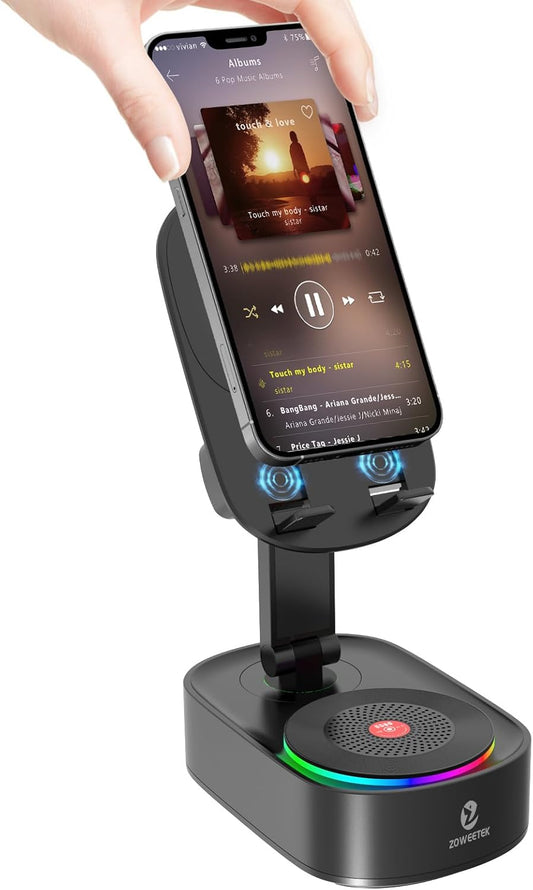 5In1 Wireless Induction Audio Bluetooth Speaker with Phone Stand,Work Time 8H+,Colorful Ambient Light,Emergency Rechargeable,270° Foldable Suitable for Iphone Android Phone Tablet,A Nice Gift