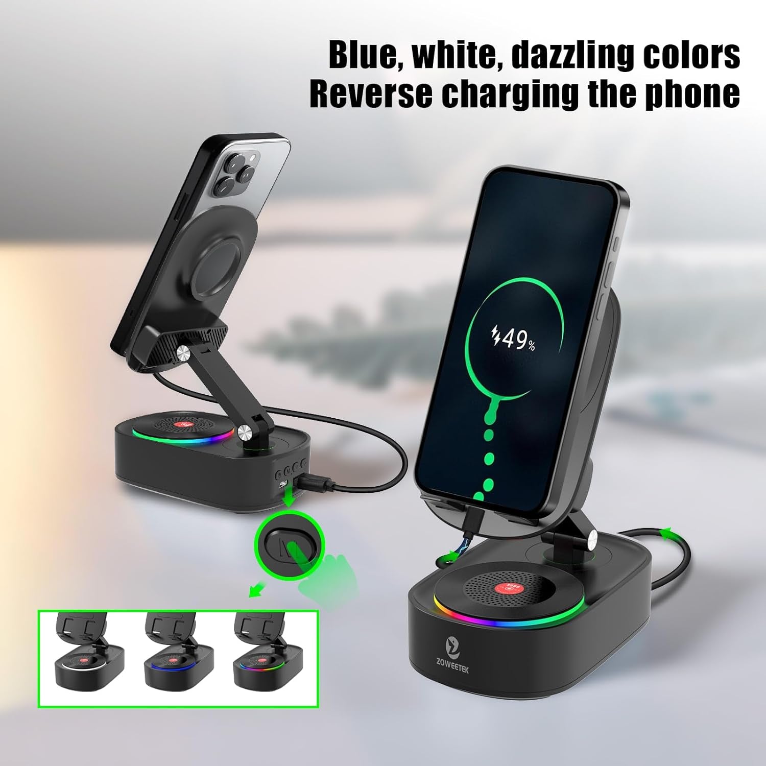 5In1 Wireless Induction Audio Bluetooth Speaker with Phone Stand,Work Time 8H+,Colorful Ambient Light,Emergency Rechargeable,270° Foldable Suitable for Iphone Android Phone Tablet,A Nice Gift
