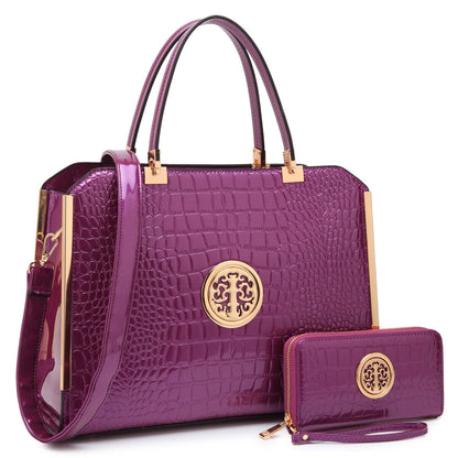 Women Faux Croco Leather Handbags Classic Medium Purse with Matching Wallet